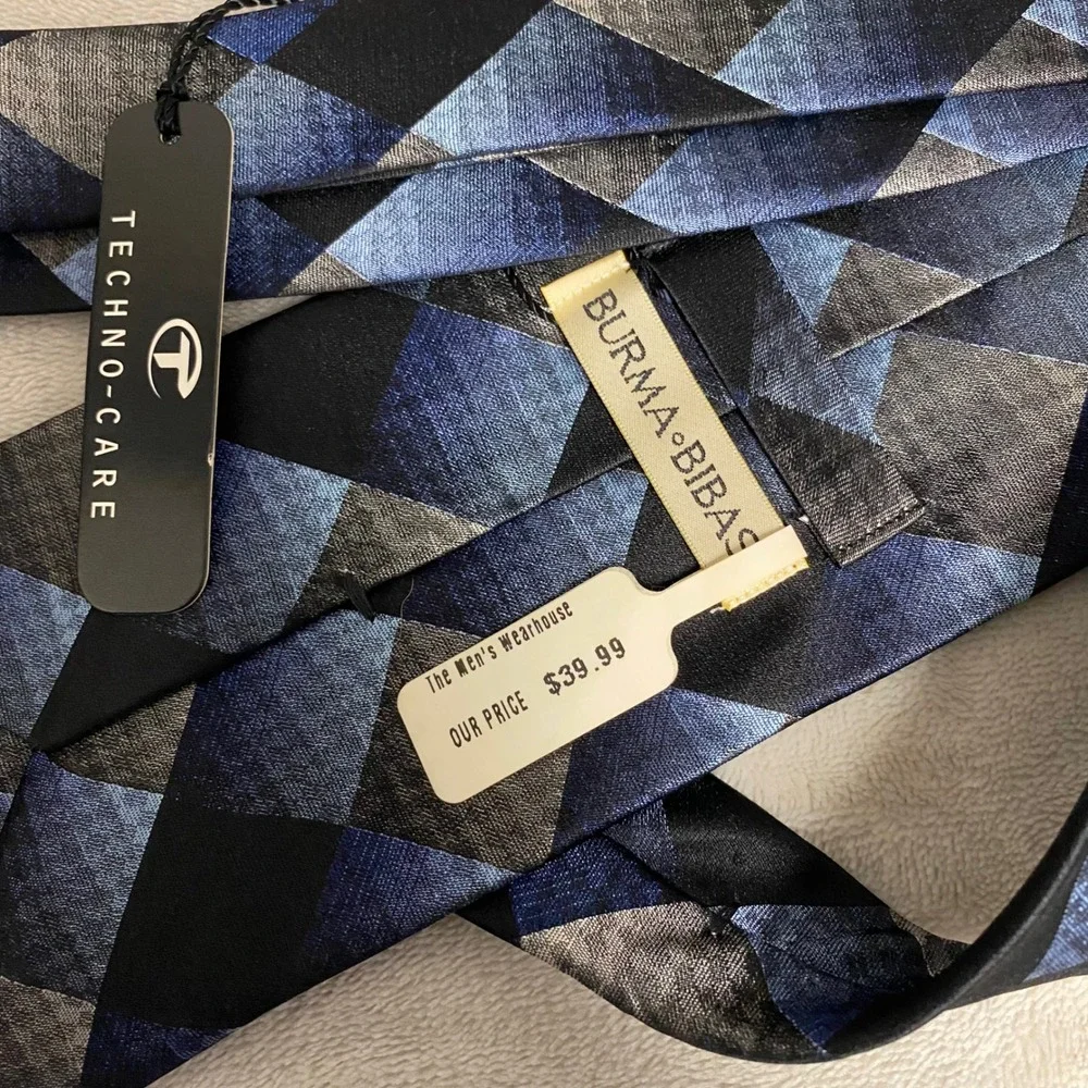 Burma Bibas Techno-Care Mens Silk‎ Necktie Black Blue Gray Geometric